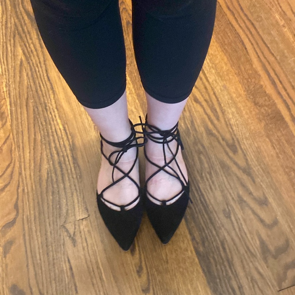 Stuart Weitzman black suede shoe with tie up ankle excellent condition